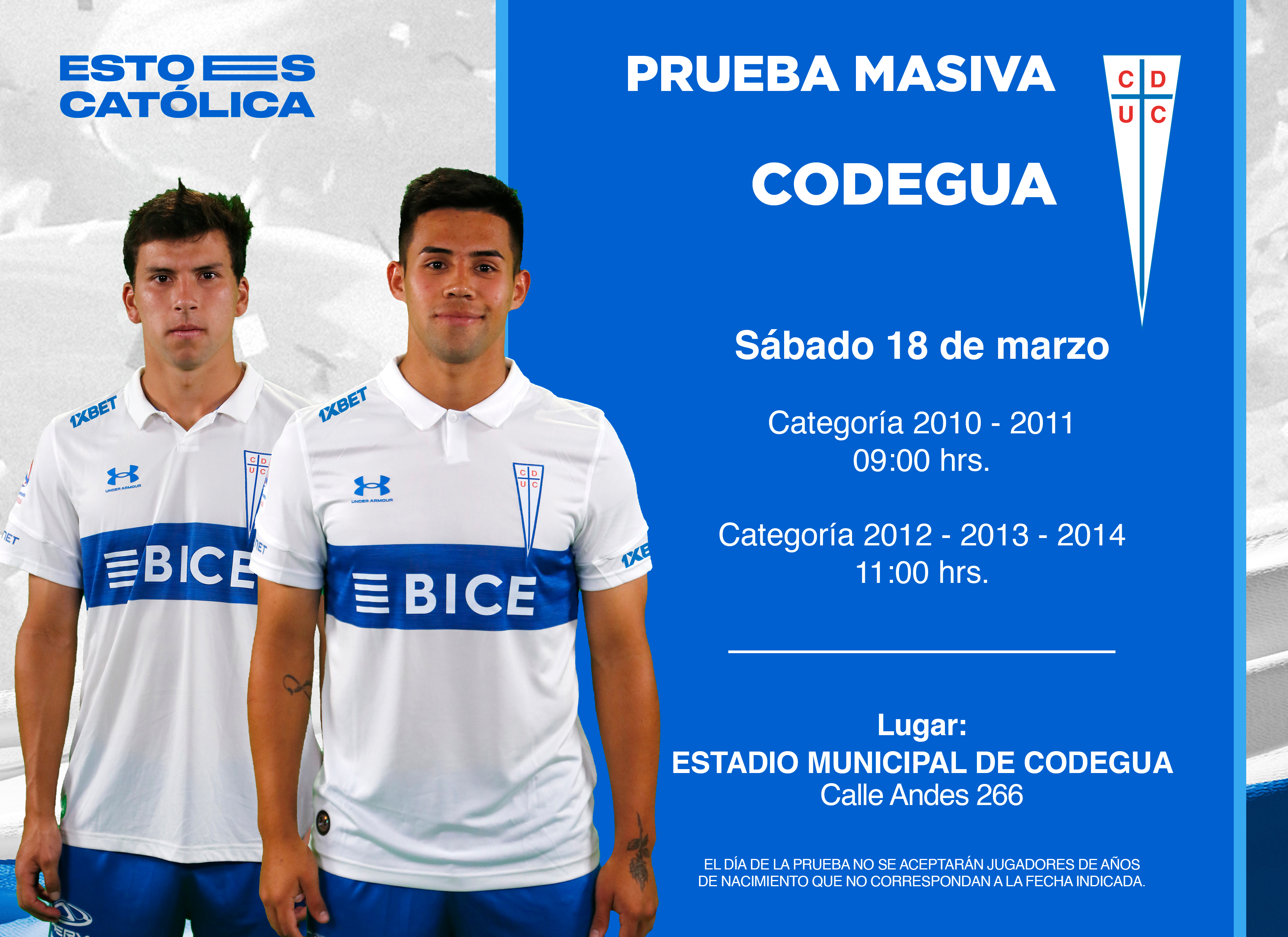 Universidad Catolica on X Inscribete a la prueba masiva que realizaremos en Codegua 18 de marzo Categoria 2012 2013 2014 11 00 horas Estadio Municipal de Codegua Enlace