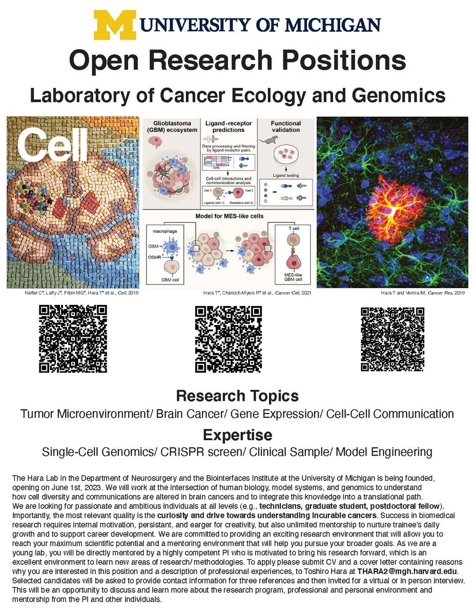 Exciting news! My mentor, @hara_toshiro, has launched his lab at the University of Michigan and is currently seeking enthusiastic and driven individuals to join his team. Apply now and be a part of groundbreaking discoveries! #ResearchOpportunity #BrainCancer #SingleCellGenomics