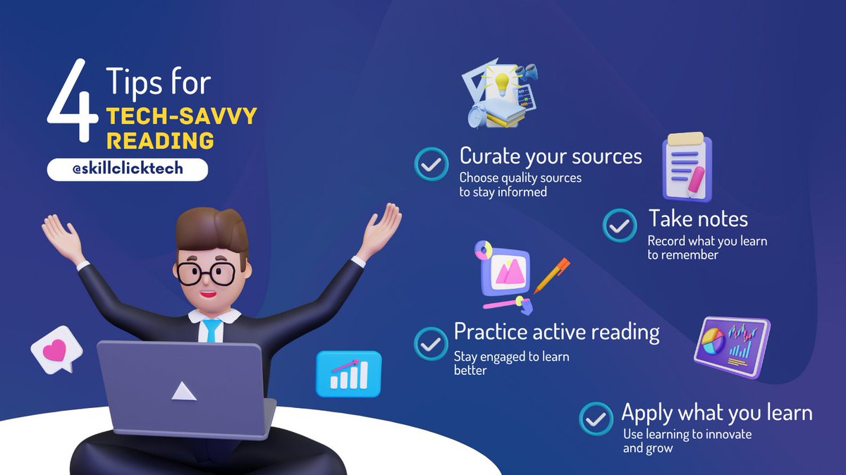 SkillClickTech's tweet image. Stay ahead of the curve with these tech-savvy reading tips! Curate quality sources, take notes, practice active reading, and apply what you learn to innovate and grow. Reading for techies just got better! #TechReading #LearningTips #Innovation