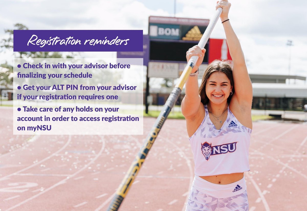 NSULA's tweet photo. ✨ #RegistrationWeek student feature: Annemarie Broussard is a graduate student in the @nsulahhp program. She also competes in pole vault for @NSUDemonsTF 🤘

#RacetoRegister #RegistrationWeek #ForkEmDemons https://t.co/yzohKWzKTu
