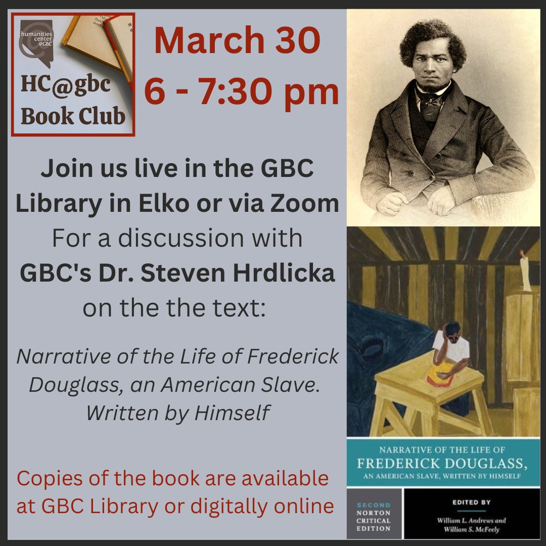 Join US!
Find out why Fredrick Douglas is often called, 'the profit of freedom' & his impact on American democracy. Links for Zoom & digital text here & in bio:
humanities.gbcnv.edu/humanitiesatgb…
#fredrickdouglas #NEH #humanitiesmatter #bookdiscussions #bookclubreads #GBC #americanhistory