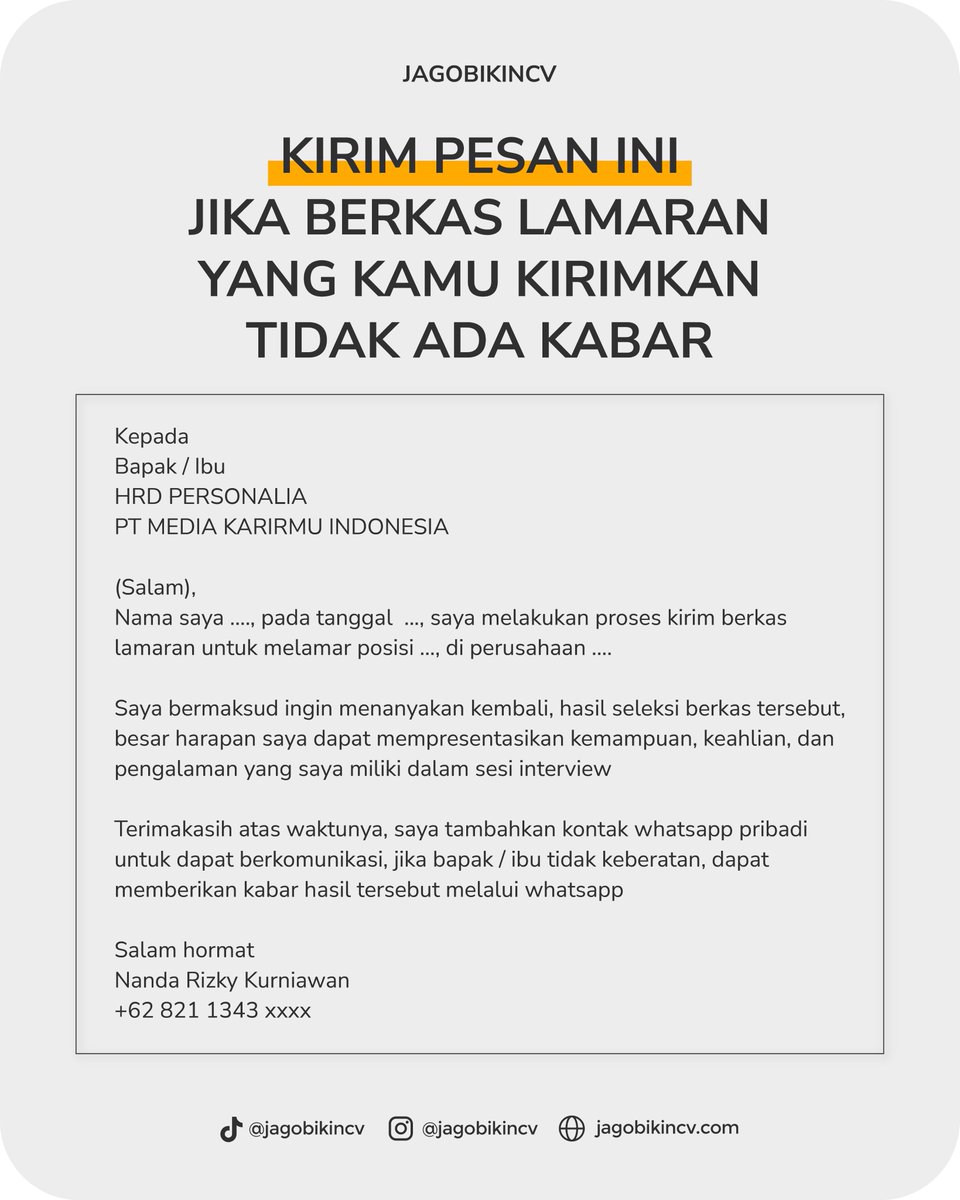 karirmuid's tweet photo. Sering kirim lamaran kerja, tapi gak pernah ada panggilan yang masuk satupun ?

Template pesan ini bisa kamu pakai, buat nanyain kabar hasil seleksi berkas yang sudah kamu kirimkan

Mau dicoba ? silahkan save materi ini untuk dipakai nanti #lokercot #hrdbct https://t.co/bHLdBue8Z7