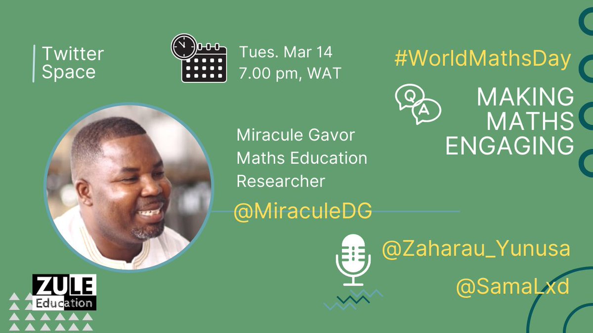 it's the international day of mathematics everyone!😀

how do we increase students' engagement in maths?🧠 join our twitter space on w/ <a href="/MiraculeDG/">🇬🇭Miracule🇬🇧</a>, a maths education researcher.

have your say.  today 7 pm. set a reminder x.com/i/spaces/1BdGY…