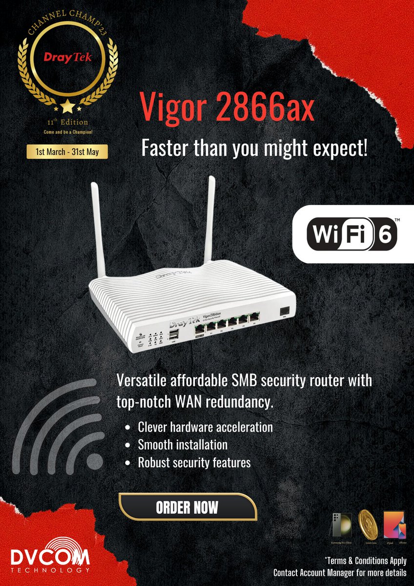 DvcomTechnology's tweet image. A High-Performance Router for Advanced Networking Needs!

Registration link: lnkd.in/dj3mn8dK

@DrayTek_HQ

#DrayTekChannelChamp2023UAE
#NetworkingCompetition
#JoinTheRace
#NetworkingSkills
#IndustryChampion
#networking
#uae