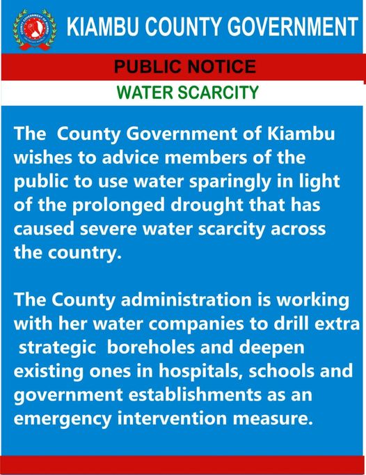 KWamatangi's tweet photo. PUBLIC NOTICE!!!
The County Government of Kiambu wishes to advise members of the public to use water sparingly in light of the prolonged drought that has caused severe water scarcity across the country. https://t.co/5xWAfjKI56
