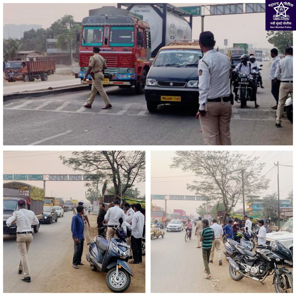 Navimumpolice's tweet photo. ���ाहतूकीचे नियम पाळा, कारवाई टाळा 
कोळखे गाव (जुना मुंबई-पुणे महामार्ग) इथल्या ब्लॅक स्पॉटवर विना हेल्मेट, काळ्या काचा, फॅन्सी नंबर प्लेट, सीट बेल्ट न लावणा-या ५३ वाहन चालकांविरोधात पनवेल वाहतूक शाखेकडून कारवाई करण्यात आली आहे. 
#FollowTrafficRules #NaviMumbaiPolice #Dial112 https://t.co/sOZzRjqTmA