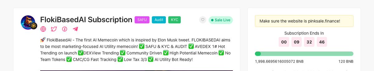 chinapumprocket's tweet image. #FLOKIBASEDAI is having its subscription on Pinksale with 3 badges Audit 🚀, KYC🚀 and SAFU🚀 as well. Currently, they’re raising 2000 BNBs+ in subscription stage. 

🪙PinkSale Link:
pinksale.finance/launchpad/0x36…
