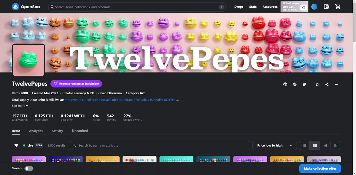 ToolsDgg's tweet photo. 【今日金狗——TwelvePepes】
@TwelvePepes 
总量2000，Mint速度非常慢，搞了30+防身，现在已经起飞了，0.07左右的时候又收了几个，现在地板已经0.14左右了！目前已经出了一半，价格挂到了0.3，感觉0.2左右是没问题的 #NFT #NFTMint #NFTCommunity #NFTProject #NFTartwork
OS：https://t.co/L9iYbnLTU0 https://t.co/lt2gwNy16H