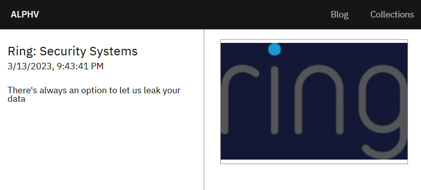 FalconFeedsio's tweet photo. ALPHV #ransomware has added Amazon's Ring Security systems to their victim list.
#USA
#datbreach #cyberrisk #deepweb #darkweb https://t.co/xtrkEruRmA