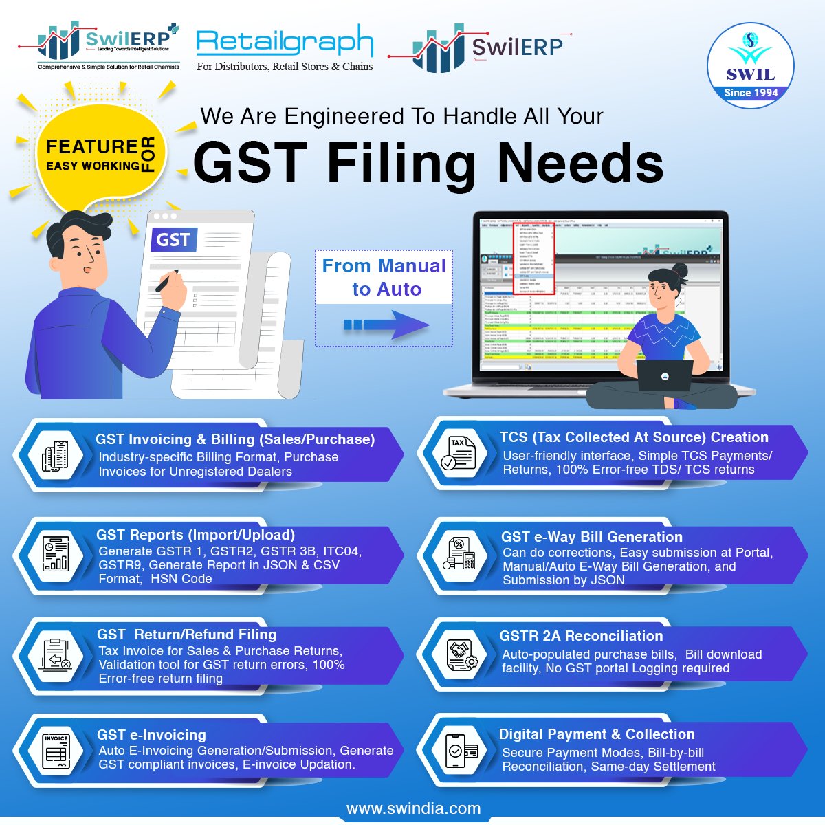 Retailgraph's tweet photo. Handle your #GSTfiling with Swil's software and get the complete #GSTsolution with the features described in the attached image. 
Call for Inquiry📲+91 95299 13873 
Visit👉https://t.co/QfQ1iaTnz9 
 
#SwilSoftware #SwilCompany #GSTSoftware #GSTFilingSoftware #BusinessSoftware https://t.co/iQn9EjyzSB