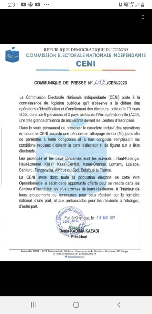 akamba_jean's tweet photo. Nous sollicitons aussi de la CENI, le prolongement des opérations d'enrôlement censées être clôturées le 16 mars 2023 dans la zone opérationnelle trois (AO3). 14 jours supplémentaires permettraient à une bonne majorité d'obtenir la carte d'électeur. https://t.co/FYha1gPGZB