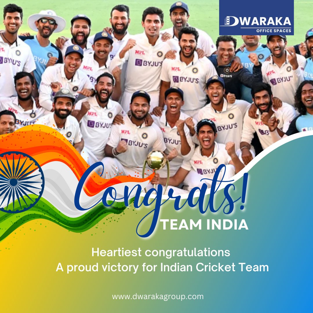 Dwarakaoffice's tweet photo. Congratulations to Team India on their incredible win in the Border Gavaskar series! 🇮🇳

 #TeamIndia #BorderGavaskarSeries #Cricket #DwarakaOfficeSpaces #Congratulations #Cricketlover #Bcci #Rohitsharma #Testserie #Hyderabad #indiancricket #indiancricketteam #MenInBlue #BlueBlood https://t.co/AvHEMJxvqp