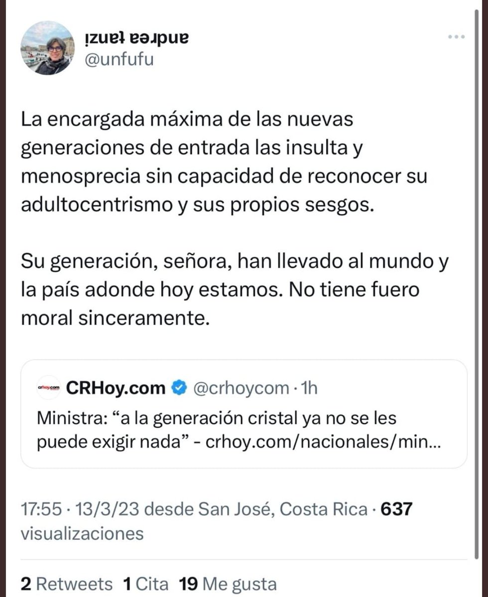 ViuditaCR's tweet photo. La SEÑORA @Unfufu tiene como 60 años y trata de "SU generación" a la señora Ministra de Educación. 
Es en serio? 
Definitivamente esta doña es el ejemplo perfecto del síndrome de Peter Pan! https://t.co/zux7bygulR