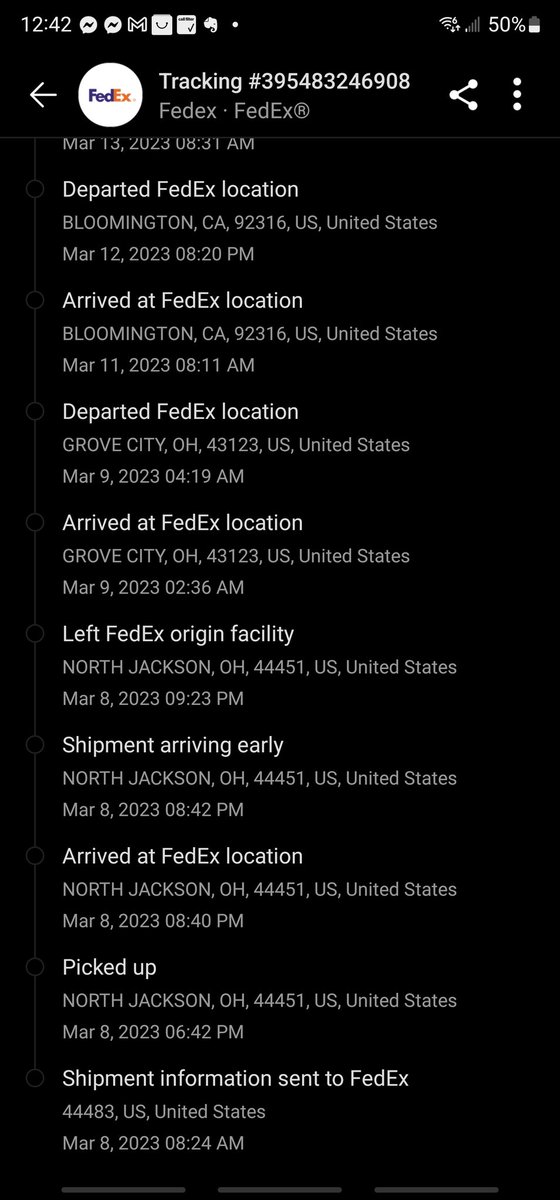 bhaycraft's tweet photo. @FedEx Gosh I never knew that the best route to Louisville, Kentucky from North Jackson, Ohio was through California and Arizona and Texas and so on ! Someone put my package on the wrong truck in Grove City, Ohio

No big deal just delayed to whole job since you can't deliver ! https://t.co/lCTOh5gIdh