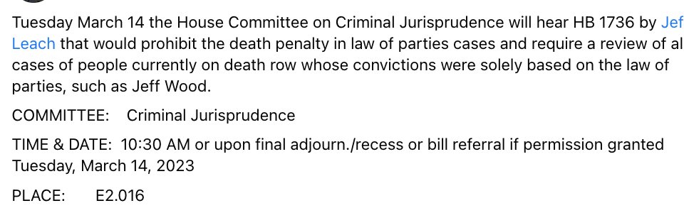 stopexecutions's tweet photo. March 14 the House Committee on Criminal Jurisprudence will hear HB 1736 by @leachfortexas  that would prohibit the death penalty in law of parties cases &amp; require a review of all cases of people currently on death row whose convictions were solely based on the Law of Parties. https://t.co/VWdYZ7ziaT