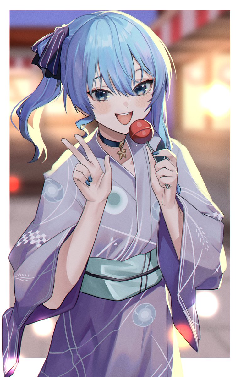 hoshimachi suisei 1girl blue hair solo japanese clothes kimono blue eyes food  illustration images