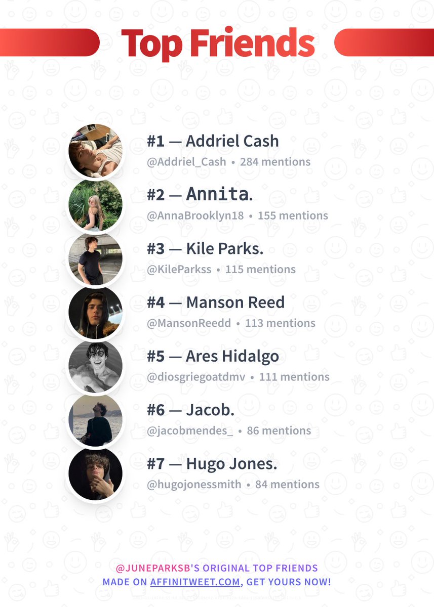 JuneParksB's tweet photo. ✨ Top Friends 

🥇 Addriel_Cash
🥈 AnnaBrooklyn18
🥉 KileParkss
🏅 MansonReedd
🏅 diosgriegoatdmv
🏅 jacobmendes_
🏅 hugojonessmith

➡️ https://t.co/9YN3CJgKeb https://t.co/kMsyTbta1P