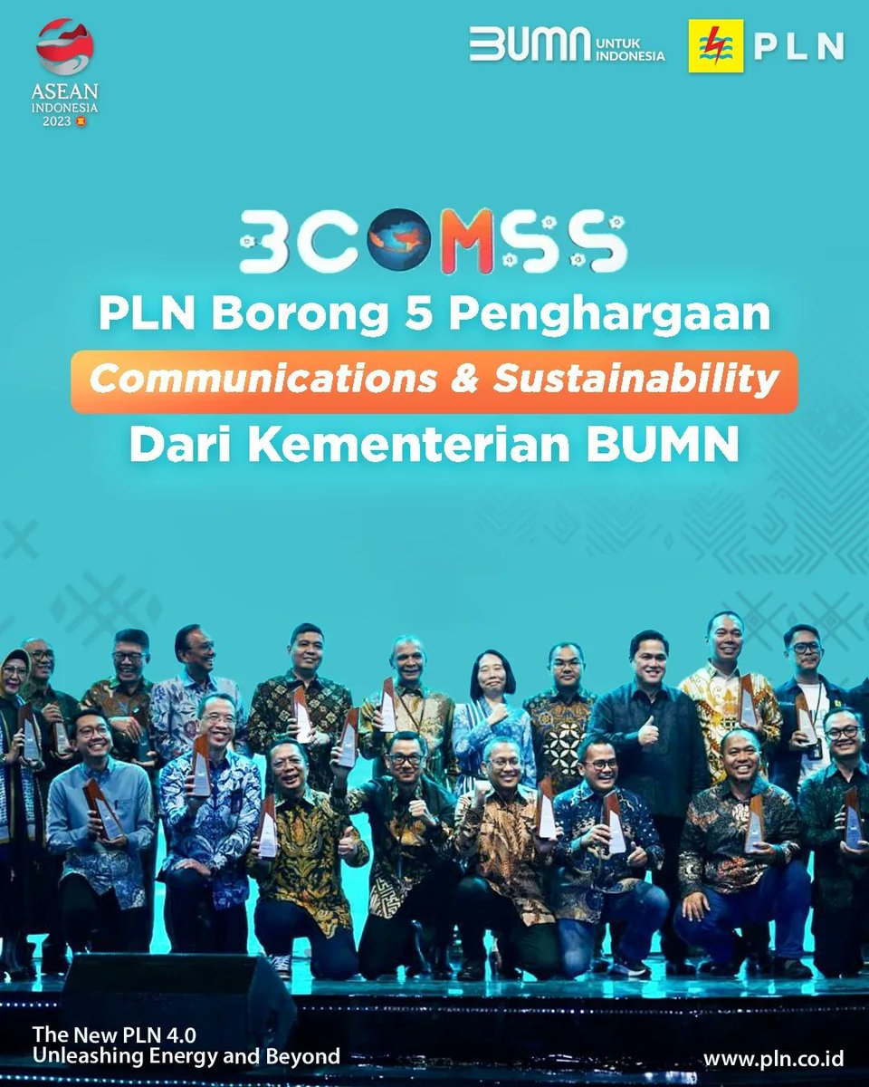 _pln_id's tweet photo. Electrizen, PLN berhasil memborong lima penghargaan pada ajang BUMN Corporate Communications and Sustainability Summit (BCOMSS) 2023 yang diselenggarakan Kementerian BUMN.
#PLN #PLNAchievements #BCOMSS #UnleashingEnergyandBeyond #PLNUntukIndonesia https://t.co/TqxP8FokWM