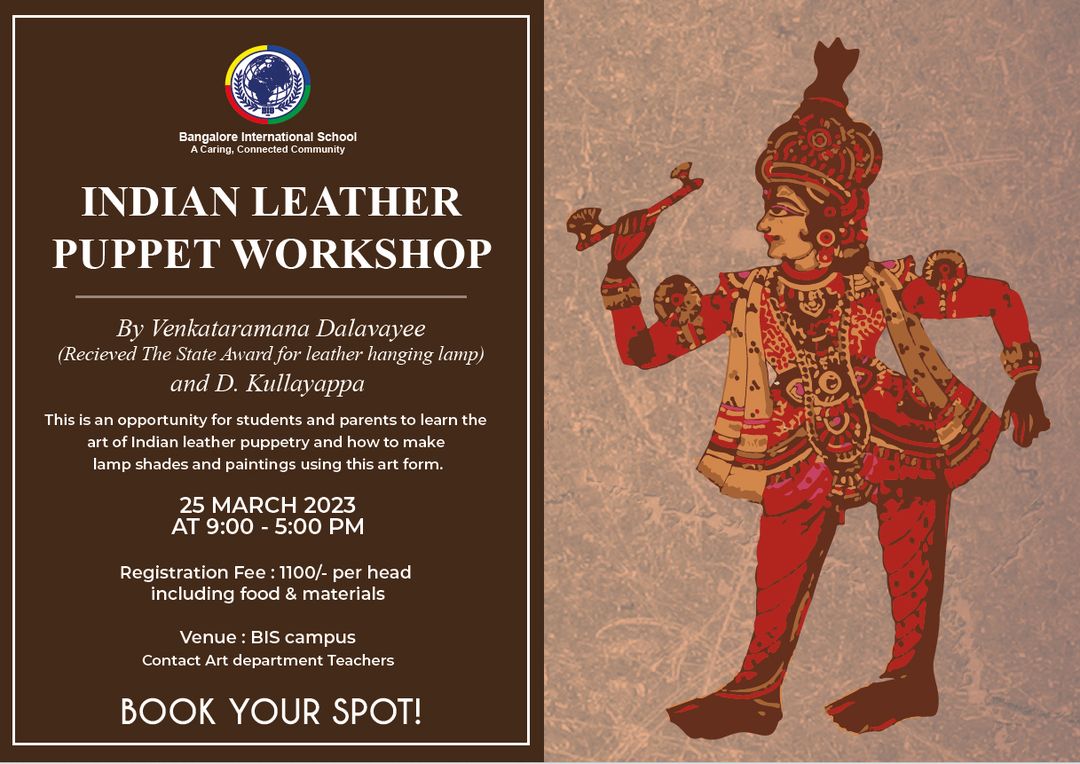 BISchool1969's tweet photo. The BIS Art Department is excited to announce "Indian leather Puppet workshop". Please contact biswajit@bischool.in for more information.
.
.
.
#BIS #BangaloreInternationalSchool #Sustainability #IndianleatherPuppetworkshop #Puppetworkshop https://t.co/wBKzyVmJHO