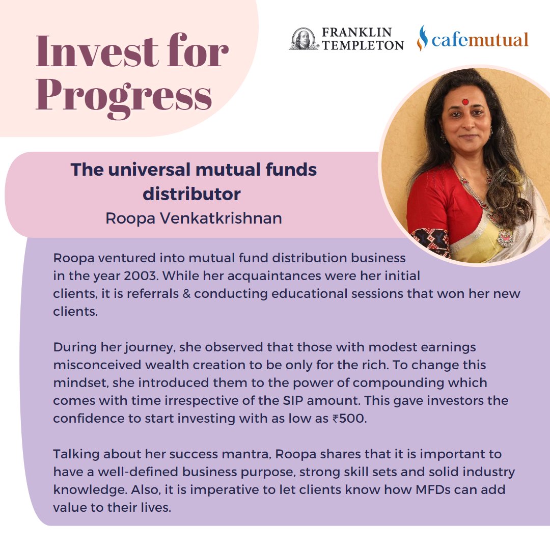 cafemutual's tweet photo. Invest For Progress - initiated by Franklin Templeton India in association with Cafemutual, celebrates the remarkable journey of women MFDs who overcame hurdles &amp; created a mark for themselves.
Take a look at Roopa Venkatkrishnan's story! #Investforprogress @FTIIndia https://t.co/MD8vBjHhUR