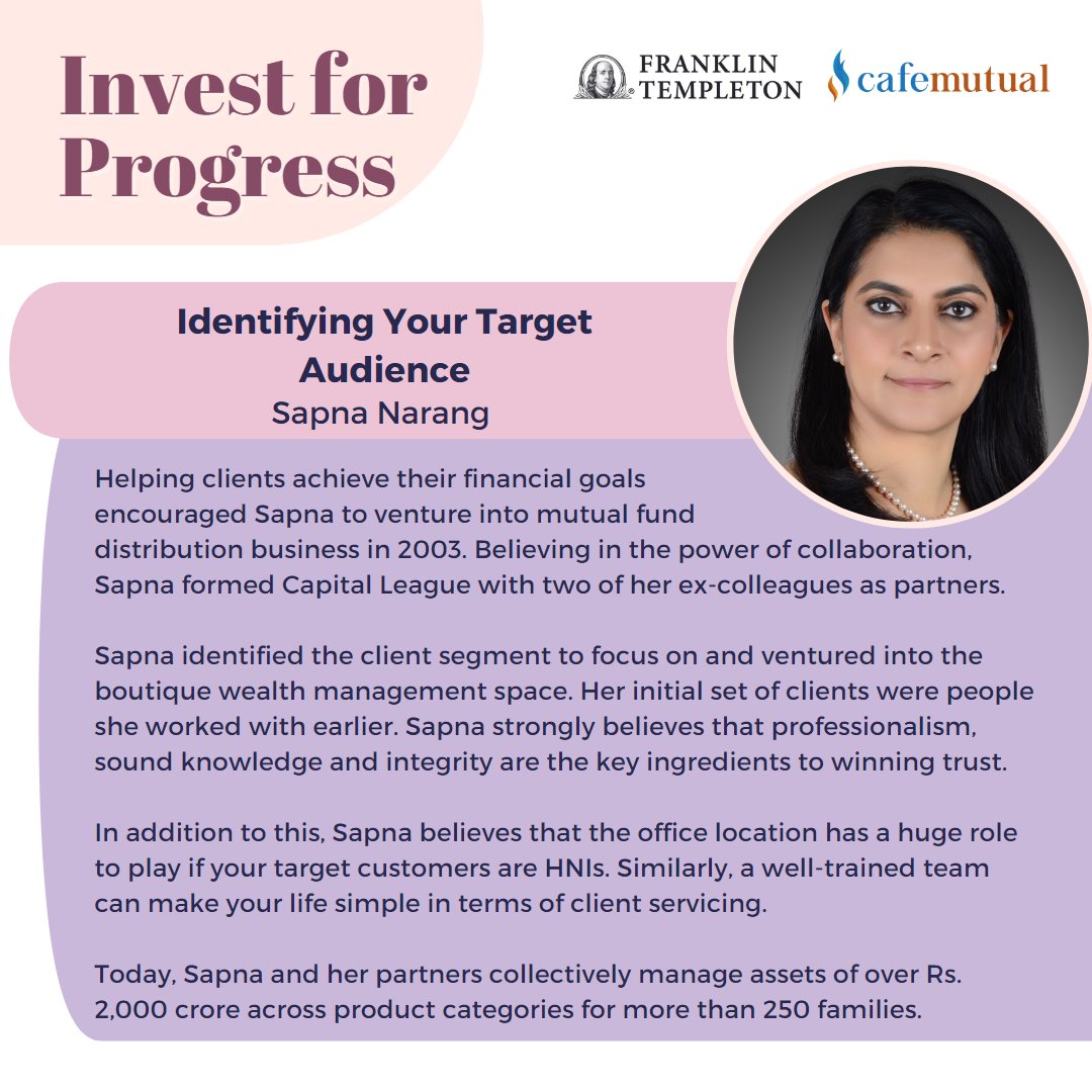 cafemutual's tweet photo. Sapna Narang shares her inspiring story under the Invest For Progress campaign. 
An initiative by @FTIIndia in association with Cafemutual, where we celebrate the remarkable journey of women MFDs who overcame hurdles &amp; created a mark for themselves. #Investforprogress https://t.co/slo2CV1xhD