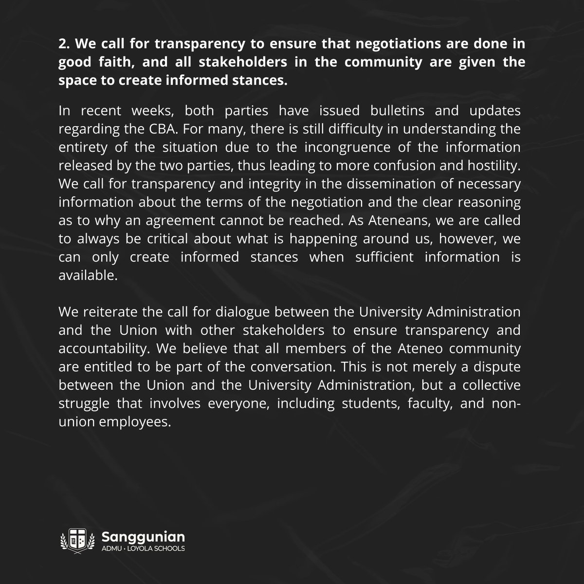 admusanggu's tweet photo. A CALL FOR SOLIDARITY, TRANSPARENCY, AND JUSTICE

In light of the impending strike of the Ateneo Employees and Workers Union amidst the deadlock in the Collective Bargaining Agreement between them and the University Administration, the Sanggunian calls for the following: https://t.co/52mvYu7yvR