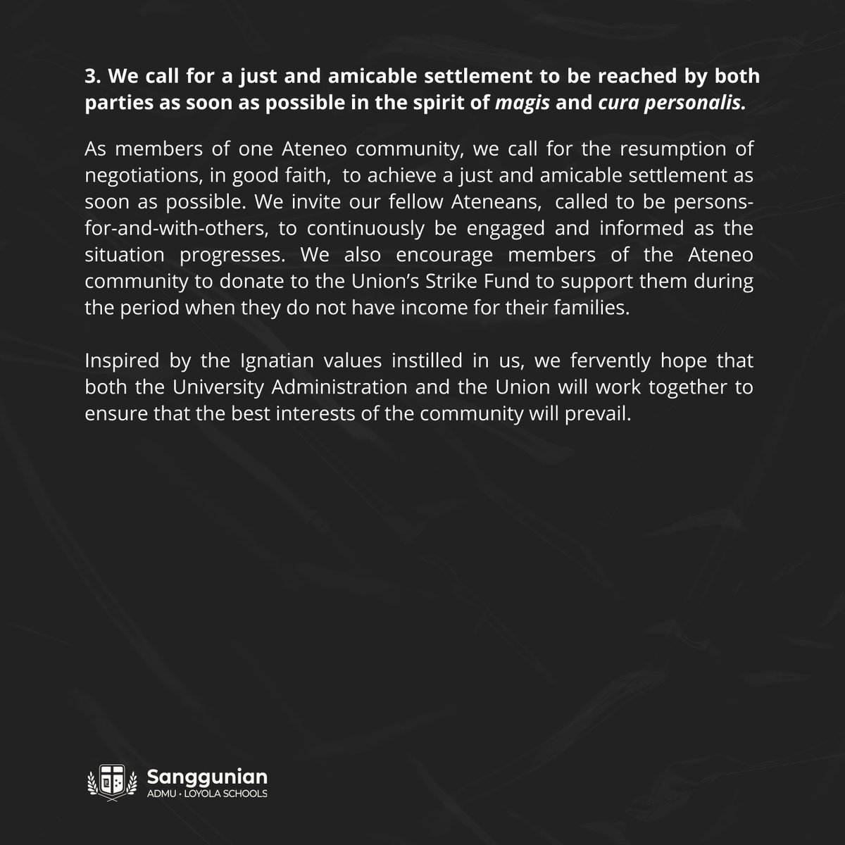 admusanggu's tweet photo. A CALL FOR SOLIDARITY, TRANSPARENCY, AND JUSTICE

In light of the impending strike of the Ateneo Employees and Workers Union amidst the deadlock in the Collective Bargaining Agreement between them and the University Administration, the Sanggunian calls for the following: https://t.co/52mvYu7yvR