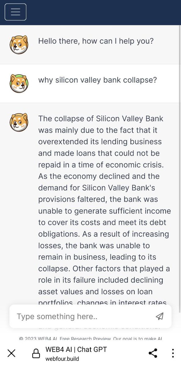 Web4 AI (@web4ai) on Twitter photo Featuring #Web4AI GPT Web response with regards to #SVBCollapse!
<a href="/cz_binance/">CZ ๐ถ BNB</a> <a href="/elonmusk/">Elon Musk</a> <a href="/VitalikButerin/">vitalik.eth</a> <a href="/justinsuntron/">H.E. Justin Sun ๐</a>
#Web4 #Web3 #bsc #nft #AI #playtoearn #defi #crypto #defi #babydogecoin #dogecoin #doge #shiba #shib #floki Featuring #Web4AI GPT Web response with regards to #SVBCollapse!
<a href="/cz_binance/">CZ ๐ถ BNB</a> <a href="/elonmusk/">Elon Musk</a> <a href="/VitalikButerin/">vitalik.eth</a> <a href="/justinsuntron/">H.E. Justin Sun ๐</a>
#Web4 #Web3 #bsc #nft #AI #playtoearn #defi #crypto #defi #babydogecoin #dogecoin #doge #shiba #shib #floki