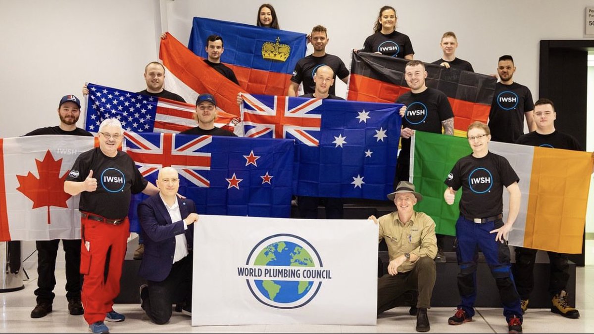 IWSHFoundation's tweet photo. ✨ Hello from Frankfurt, Germany! Our latest edition of #PlumbingChampions launches today at #ISH23, with twelve young Plumbers and Plumbing Apprentices from eight different countries joining our team. Let's go! 🇦🇺 🇦🇹 🇨🇦 🇩🇪 🇮🇪 🇱🇮 🇳🇿 🇺🇸 @ish_frankfurt https://t.co/w2yQMz7J02