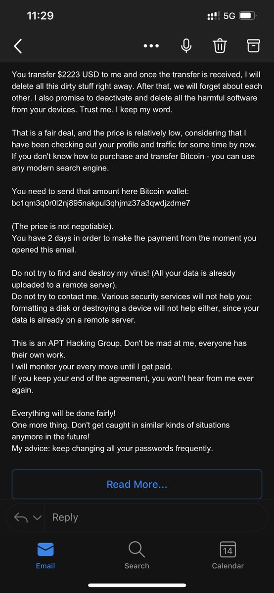 TheInspectorAsh's tweet photo. When your blackmail fails because you threatened someone about their online activities! Good tryโฆ come again! ๐
One thing unusual is his/her grammar is good. Usually, their grammar sucks.
He/she also gives advice about changing my password frequently. ๐
#ScamFail
#CyberSecurity
#CyberSecurityAwareness