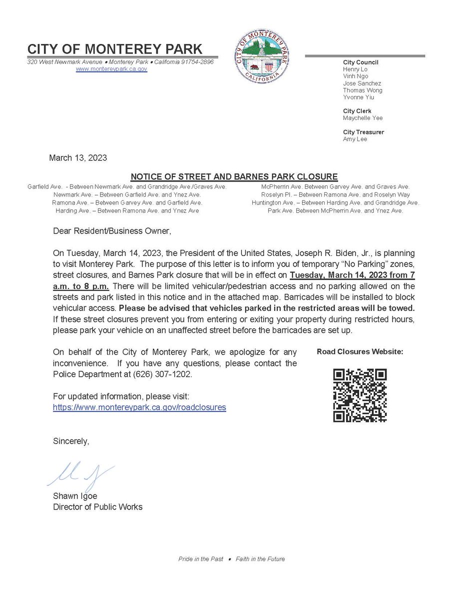 cityofmpk's tweet photo. The public should avoid the streets in the Barnes Park area on Tuesday, March 14, 2023 from 7 a.m. to 8 p.m. due to road closures in the vicinity. 

More at https://t.co/bntpO84sEe

@MontereyParkPD https://t.co/lj5EyyYMK9