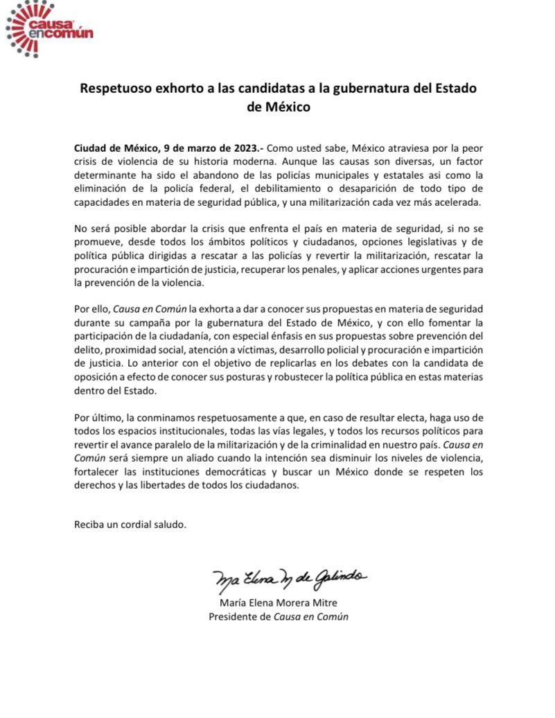 causaencomun's tweet photo. 🚨CANDIDATAS A LA GUBERNATURA DEL EDOMEX, @AlejandraDMV y @delfinagomeza:

En Causa en Común las exhortamos a dar a conocer sus propuestas en materia de seguridad, con especial énfasis en prevención del delito y ponerlas a debate para conocer sus posturas. https://t.co/AecOdgiNGi