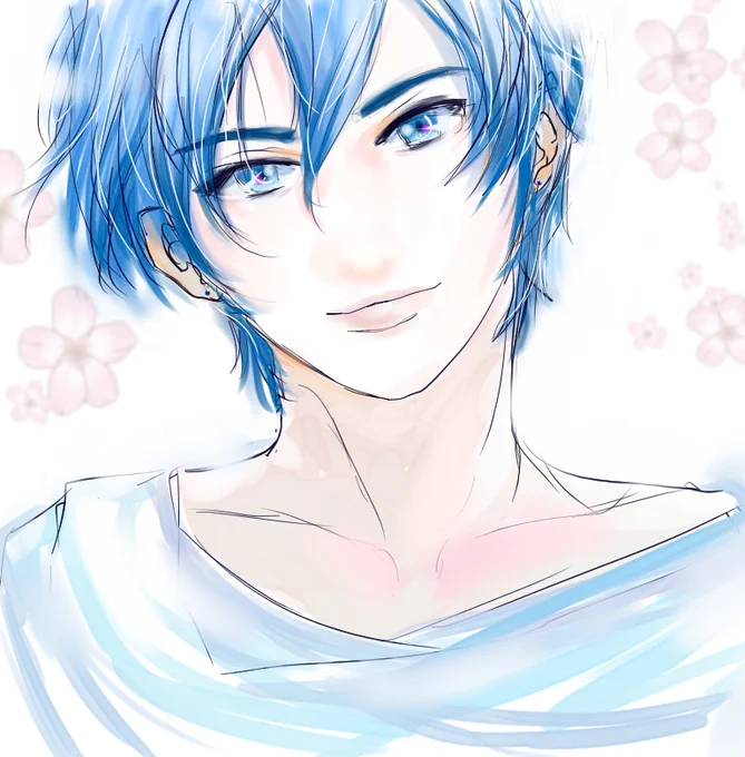 とりとりさんのKAITOさん!ふんわりとした髪のタッチ、やわらかい色合いがとっても素敵ホー…!KAITOさんの優しい微笑みも素敵ホー!!!(≧∇≦)【】 #piapro #KAITO 