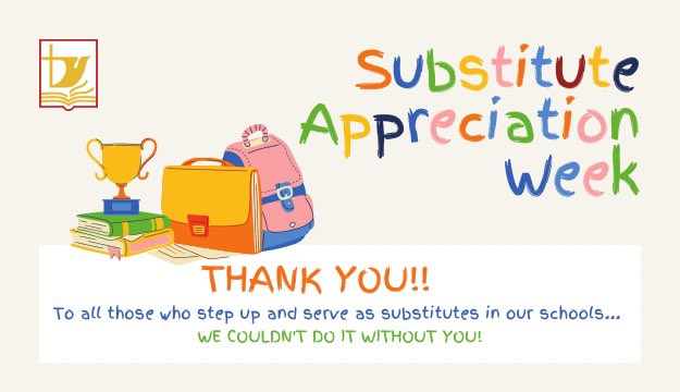 HolySpiritRCSD's tweet photo. March 13-17 is #SubAppreciationWeek and our #hs4 schools are so thankful to our #substitute educators.  We absolutely couldn’t do it without you all!  Thank you for your service to our staff and students. #Blessed #Grateful https://t.co/b6wRKTshQA