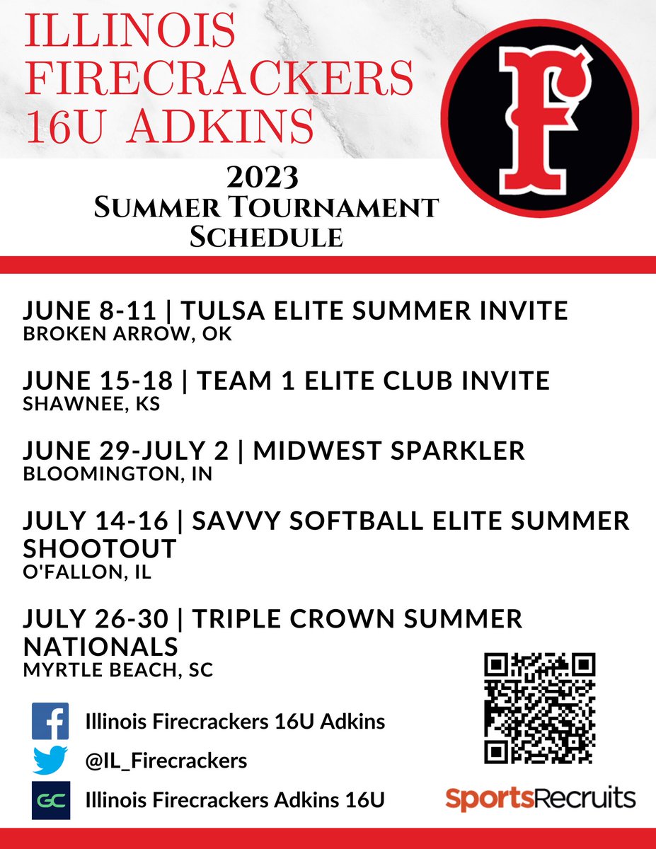 The summer schedule is out for the @IL_Firecrackers team! College coaches-make sure to put our tournaments on your summer schedule! We would love for you to check us out!🧨🧨 @LegacyLegendsS1 @IHartFastpitch @TopPreps @Los_Stuff @CoastRecruits @SBRRetweets @Softball_Home