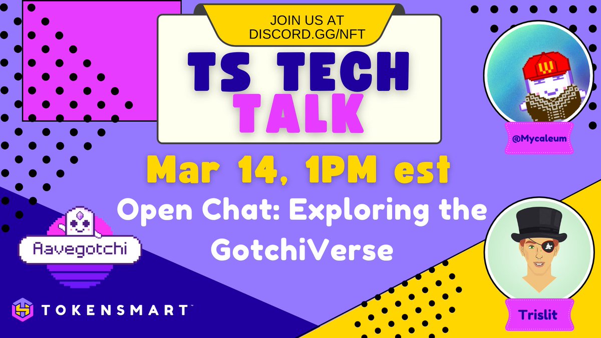 nftsmart's tweet photo. Join @trislit and @Mycaleum as they explore the #Gotchiverse! Special guest @Musashi14790940 will join us as we dig into the world of @aavegotchi!
1 PM EST, March 14th in @nftsmart
Discord https://t.co/0lqB0O5E1S
#tstechtalk #tokensmart #gotchifam @GMIfrens @unkrakable https://t.co/Quyje93Fle