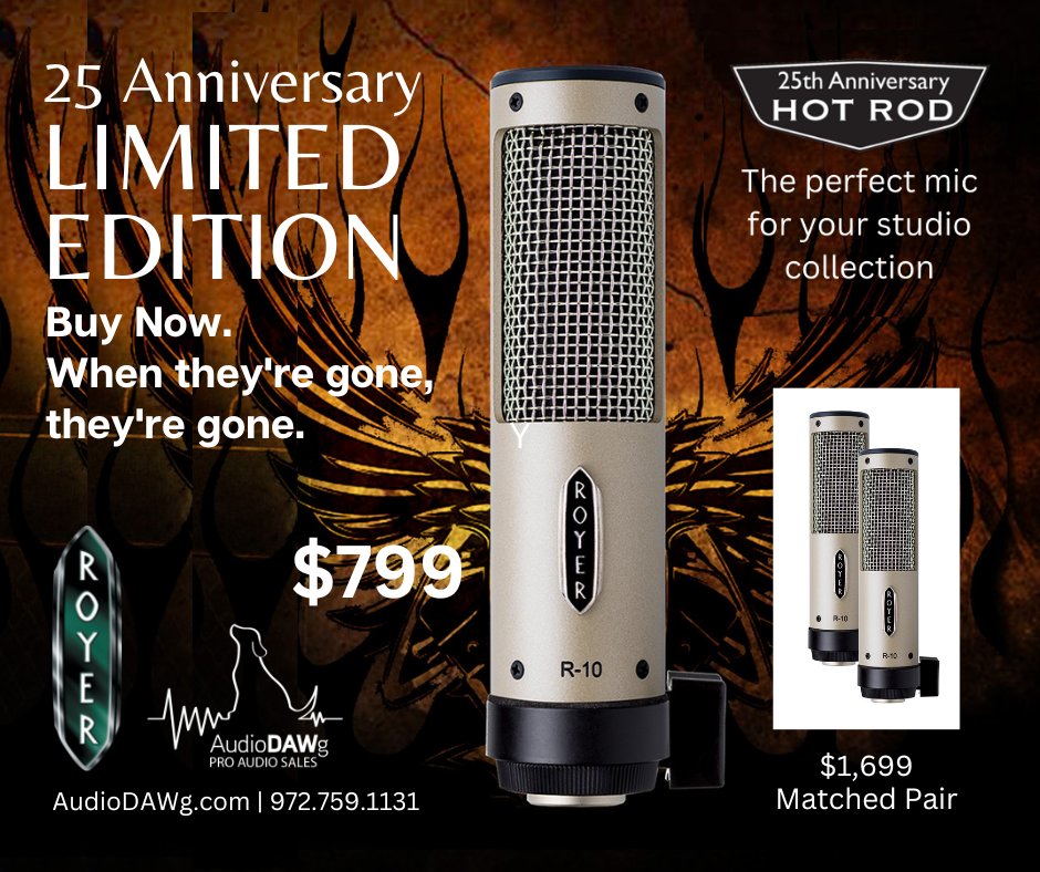 AudioDAWgTX's tweet photo. Get it while you can from Audio DAWg.

The R-10 “Hot Rod” 25th Anniversary limited-edition ribbon mic is our popular R-10 on steroids!  

https://t.co/LdNmAojwqM https://t.co/XroAkCELsE