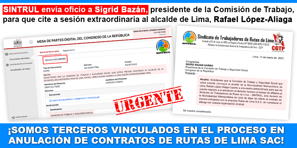 SinTRuLima's tweet photo. De acuerdo al Reglamento del @congresoperu y la Constitución, el @SinTRuLima, envió carta con RU 1089500 a la presidente de la Comisión de Trabajo, @sigridbazan, para que cite a sesión extraordinaria al alcalde @MuniLima, @rlopezaliaga1  Ver carta: 👉🏾✅https://t.co/L5z77P7ifX https://t.co/csohNSCTYw
