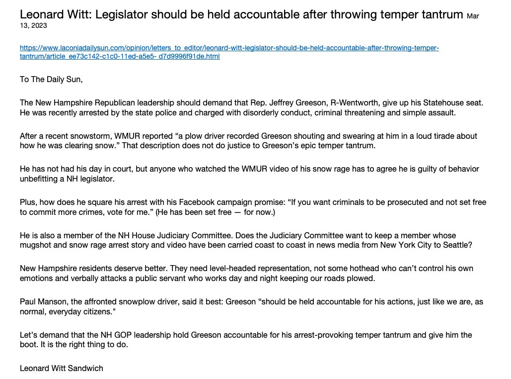 LeonardWitt (@leonardwitt) on Twitter photo What will the <a href="/NHGOP/">New Hampshire Republican Party</a> do with Rep. Jeffery Greeson, their arrested law and order legislator? <a href="/NHHouseofReps/">New Hampshire House</a> <a href="/NHHouseDems/">NH House Democrats</a> #nh #NHPolitics What will the <a href="/NHGOP/">New Hampshire Republican Party</a> do with Rep. Jeffery Greeson, their arrested law and order legislator? <a href="/NHHouseofReps/">New Hampshire House</a> <a href="/NHHouseDems/">NH House Democrats</a> #nh #NHPolitics