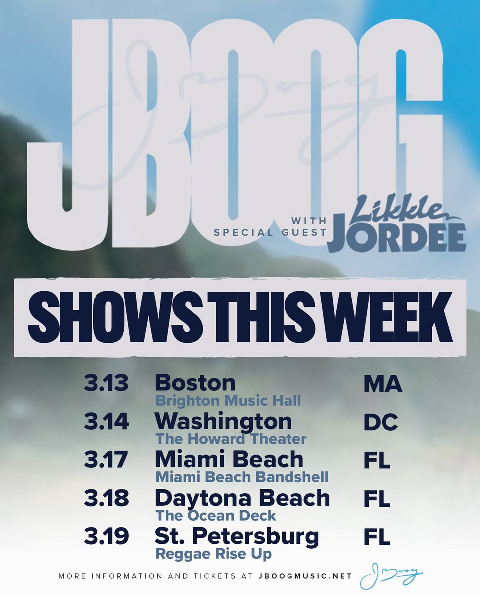 JBoogMusic (@jboogmusic) on Twitter photo ⚡️SHOWS THIS WEEK⚡️
3.13 | Boston, MA
3.14 | Washington, DC
3.17 | Miami Beach, FL
3.18 | Daytona Beach, FL
3.19 | St Petersburg, FL
For more info & tickets, link in bio <a href="/LikkleJordee/">likklebutTALLAWAH</a> ⚡️SHOWS THIS WEEK⚡️
3.13 | Boston, MA
3.14 | Washington, DC
3.17 | Miami Beach, FL
3.18 | Daytona Beach, FL
3.19 | St Petersburg, FL
For more info & tickets, link in bio <a href="/LikkleJordee/">likklebutTALLAWAH</a>
