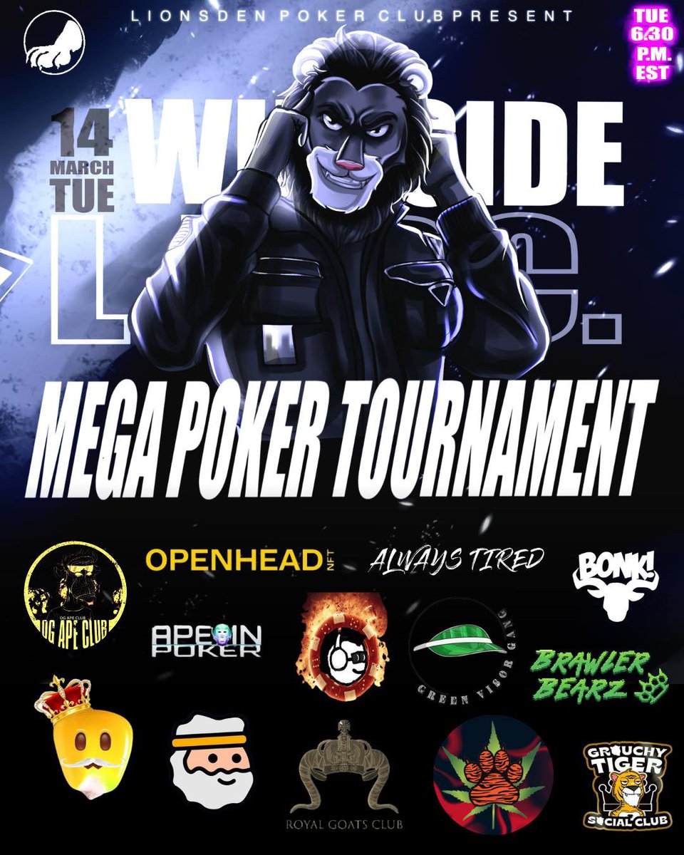 Royal Goats Club (@royalgoatsclub) on Twitter photo Lions Den Megaspace #1 LIVE Tuesday 🎙
🎉 $2500 POKER TOURNAMENT PRIZEPOOL🎉
🦁 FOLLOW <a href="/lionsdenpoker/">Lions Den Poker Club 🦁 WildSide // MINTING NOW 🦁</a> & <a href="/RoyalGoatsClub/">Royal Goats Club</a>
🦁 RETWEET THIS POST
🦁 COMMENT #WILDSIDE + TAG 3
🦁 SET REMINDER BELOW
x.com/i/spaces/1zqKV…
TO BE ELIGIBLE! Lions Den Megaspace #1 LIVE Tuesday 🎙
🎉 $2500 POKER TOURNAMENT PRIZEPOOL🎉
🦁 FOLLOW <a href="/lionsdenpoker/">Lions Den Poker Club 🦁 WildSide // MINTING NOW 🦁</a> & <a href="/RoyalGoatsClub/">Royal Goats Club</a>
🦁 RETWEET THIS POST
🦁 COMMENT #WILDSIDE + TAG 3
🦁 SET REMINDER BELOW
x.com/i/spaces/1zqKV…
TO BE ELIGIBLE!