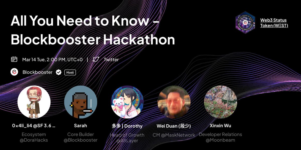 0xBlockBooster's tweet photo. GM Friends! We have some tips for you regarding our  Web3.0 Hackathon @HKUniversity 7-9 April🔥

Join our AMA today 2PM UTC with: 
@4lili41 @DoraHacks 
@Dorothy_defi @alt_layer 
@BinaryHB @masknetwork 
@xinxinPureStake @MoonbeamNetwork
@SARAHWAGMI 

���https://t.co/ZrPKt0rQDo https://t.co/A1BHBA2yfa