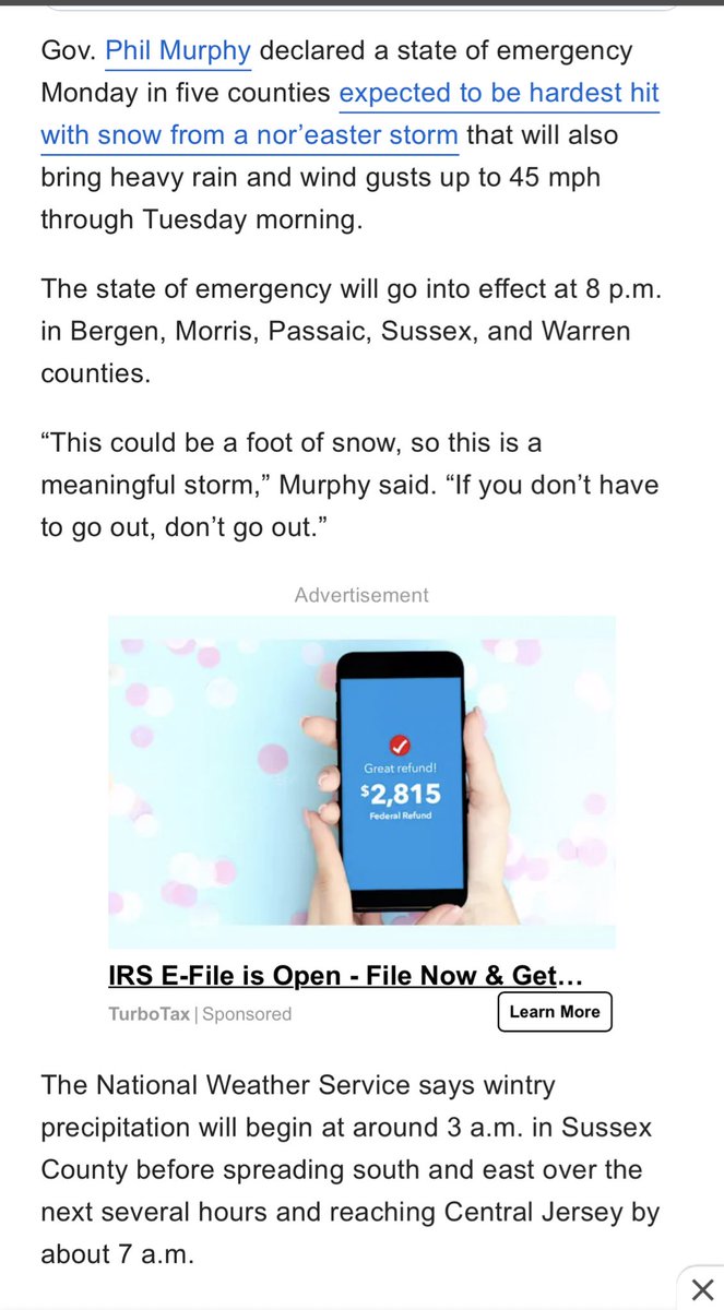 DevilsDen23's tweet photo. @WRBOE @AlbroWRsuper @woodridgehs Looks like we are expecting a winter storm though tonight till tomorrow. Even @GovMurphy knows how serious this is. He called for a state of emergency. Think the best thing to do is to keep the students and staff safe by giving us a snow day. https://t.co/XraHK2TmHg