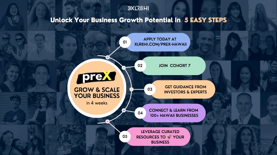 Grow your business in 5️⃣ easy steps with our friends at @XLR8_HI!Check out preX - free 4-week virtual investment readiness &amp; business scaling program designed for us: founders &amp; small business owners across Hawaii. 🚀 Apply at xlr8hi.com/preX-hawaii