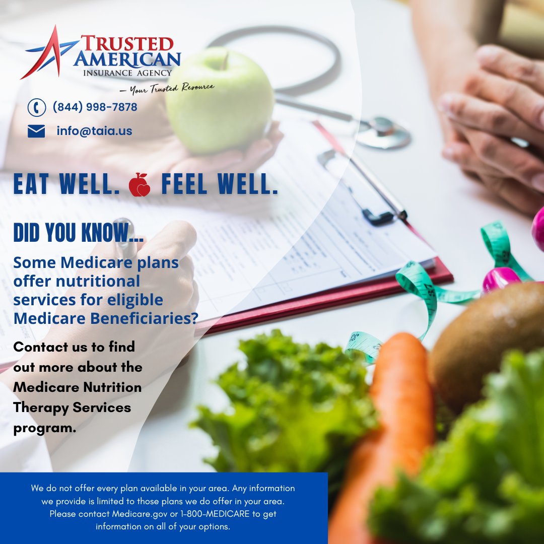 TrustedAmerican's tweet photo. 🥗Did you know some Medicare plans offer Nutrition Therapy &amp; Registered Dietician services? Get the support you need to maintain a healthy lifestyle! Contact us to learn about eligibility requirements: https://t.co/O8FX0m2Fub #TAIAInsurance #Medicare #NutritionServices https://t.co/ea756q37Ay