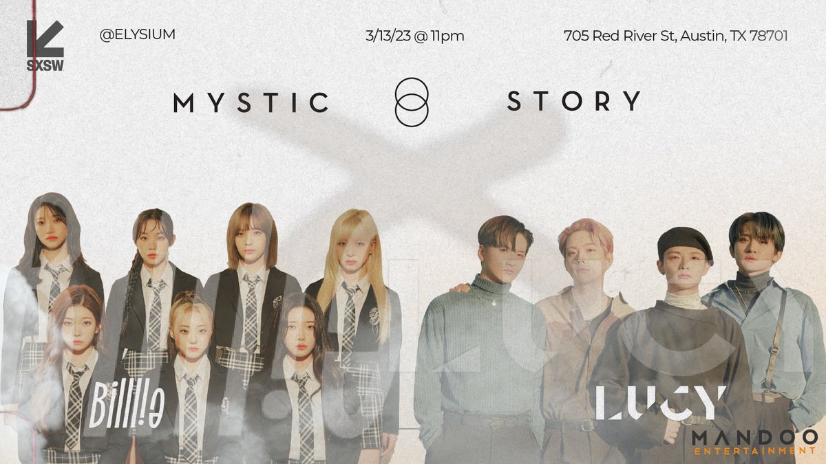 sxsw's tweet photo. .@themysticstory presents their showcase featuring @Billlieofficial and @BANDLUCY_mystic. Stop by Elysium today, March 13, for the #SXSW KPOP acts! https://t.co/sm7vPEhraY