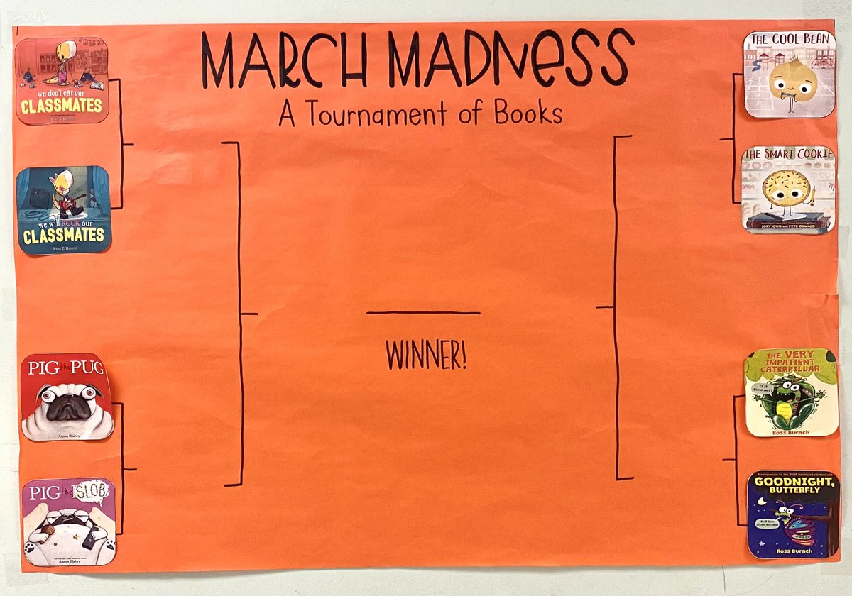 ms_inverso's tweet photo. We officially started our March Madness Tournament of Books! We will vote which books we like best until we find our ONE winner! Can’t wait to see which book will be our favorite! 📚@WoodburnES https://t.co/0ZDwX6WPTn