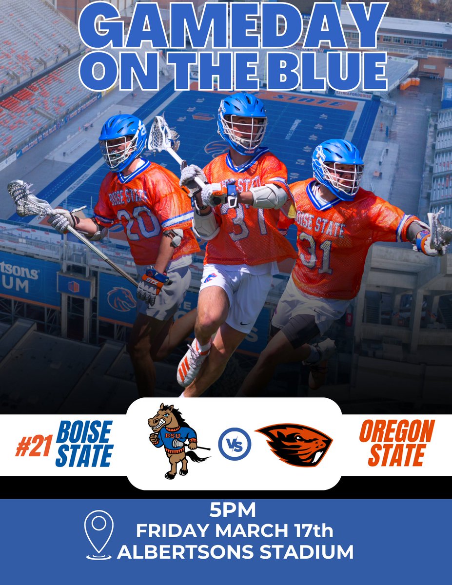 BroncoSportsLAX's tweet photo. 🔹SMURF TURF🔹

Friday, March 17th we have a home game on The Blue! We are up against our conference opponent, Oregon State 🦫. 

Hope to see you all there!

#SmurfTurf #TheBlue #BoiseState https://t.co/NgSImSGnls