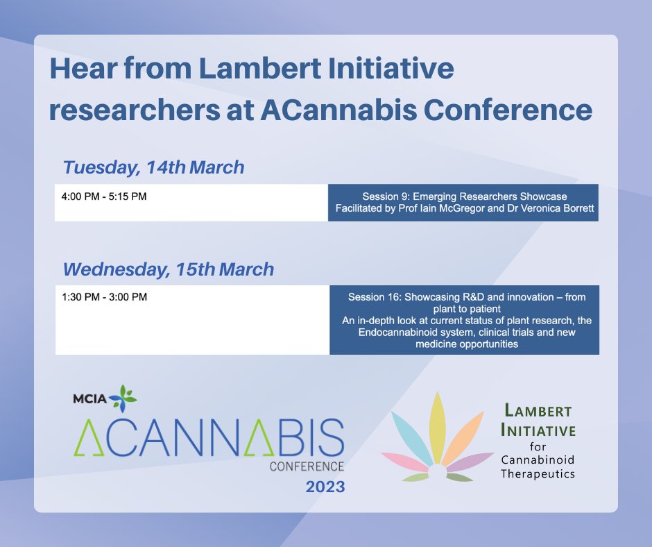 Lambert Initiative (@lambert_usyd) on Twitter photo Hear our latest research on #medical #cannabis and;
😴 insomnia @AnastasiaSuraev
🚗 driving <a href="/DuckyMcCartney/">Danielle McCartney</a>
🪴 cannabis cultivation in the ACT <a href="/cillazhou/">cilla zhou</a>
🧪 overview of our medicinal chemistry program <a href="/AdamAmetovski/">Adam Amet⌬vski</a>
👩🔬 endocannabinoid 101 <a href="/EA_Cairns/">Elizabeth Cairns</a>
Come find us <a href="/AcannabisC/">ACannabis Conference</a>! Hear our latest research on #medical #cannabis and;
😴 insomnia @AnastasiaSuraev
🚗 driving <a href="/DuckyMcCartney/">Danielle McCartney</a>
🪴 cannabis cultivation in the ACT <a href="/cillazhou/">cilla zhou</a>
🧪 overview of our medicinal chemistry program <a href="/AdamAmetovski/">Adam Amet⌬vski</a>
👩🔬 endocannabinoid 101 <a href="/EA_Cairns/">Elizabeth Cairns</a>
Come find us <a href="/AcannabisC/">ACannabis Conference</a>!