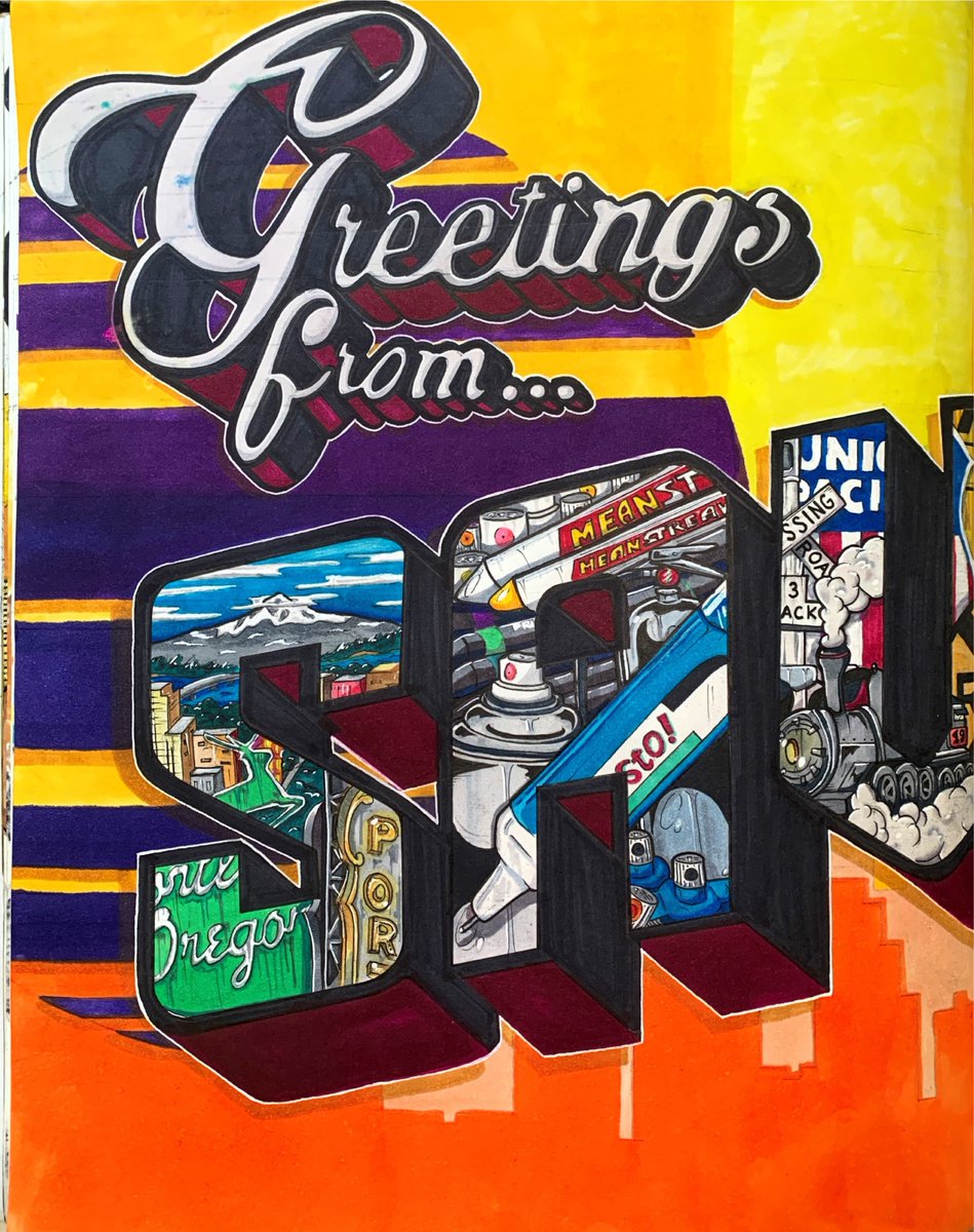 savmeone's tweet image. This is one I am still waiting to do, I just don&apos;t have as much patience painting characters as I do drawing them lol. 
This is in the only book of mine I still go off in, hope to fill it front to back and give it to my son someday🤷‍♂️
#Savme #Bookwork #Graffiti #GreetingsFrom #Art